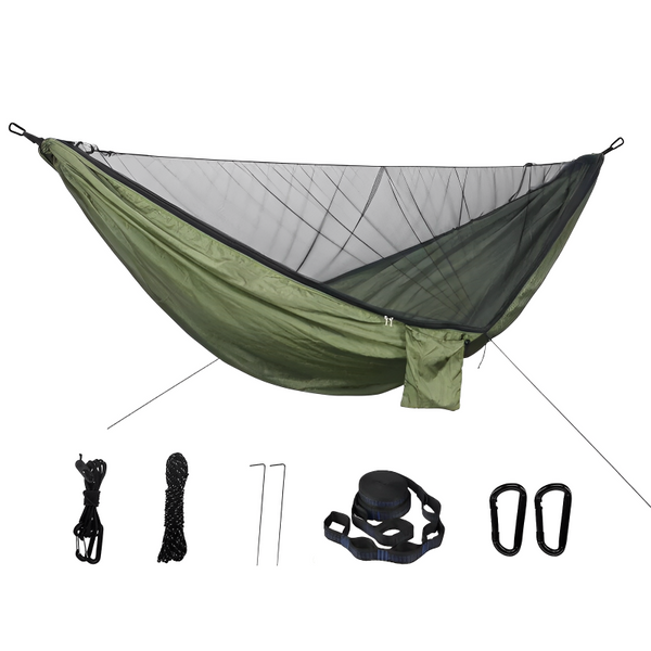 Two-person portable hammock with mosquito net, made from durable 210T nylon. Features strong nylon straps, adjustable loops, and a breathable bug-proof net for ultimate comfort and protection.